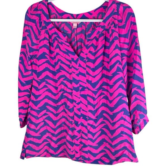 Lilly Pulitzer Moxy I Got Lucky Pink Blue Print Silk Blouse Women’s Size Small - Picture 1 of 9